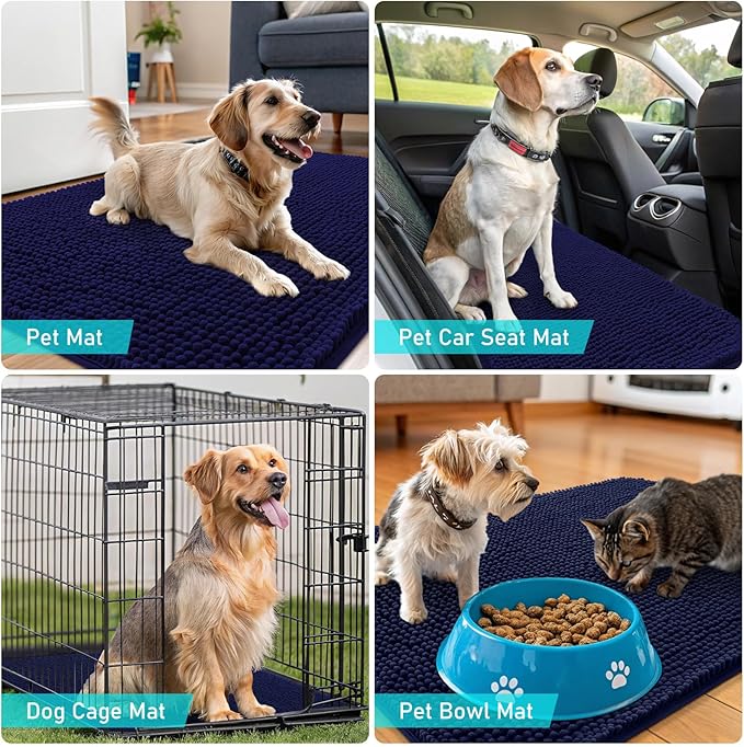 OLANLY Dog Door Mat for Muddy Paws 54x32, Absorbs Moisture and Dirt, Absorbent Non-Slip Washable Doormat, Quick Dry Chenille Mud Mat for Dogs, Entry Indoor Entryway Carpet for Inside Floor, Navy Blue
