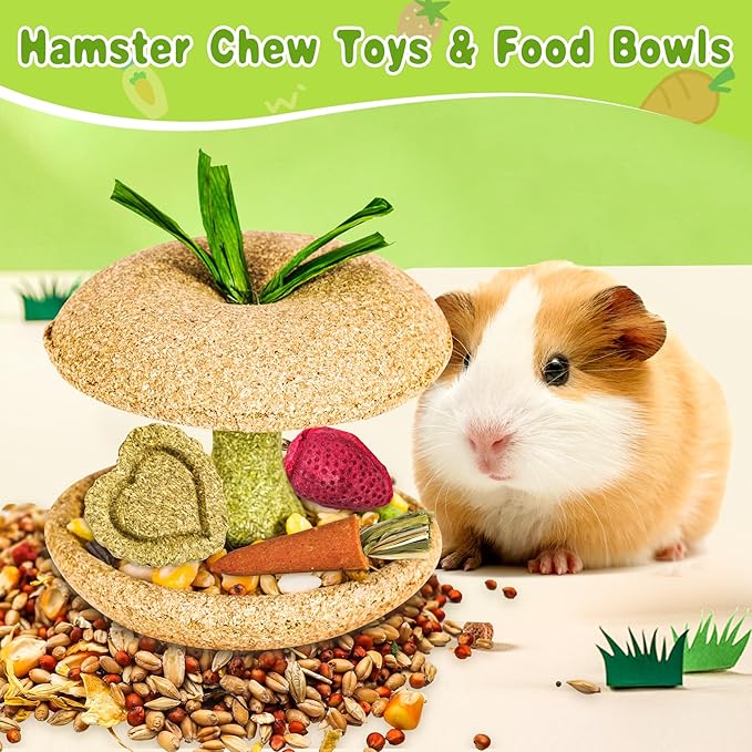 10 PCS Guinea Pig Chew Toys for Teeth, Rabbit Chew Toys Contain Natural Timothy Apple Core, Grass Cake, Carrot and Strawberry;Hamster toys for Bunny Chinchilla Gerbil Dental Care & Treat Teething