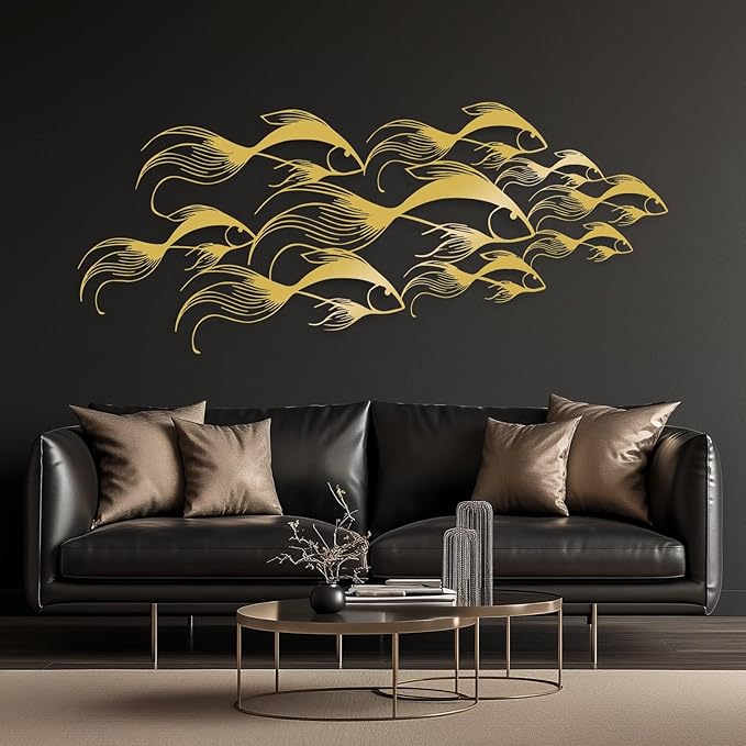 School of Fish Metal Wall Art, Metal Fish Wall Decor, Sea Life Wall Art, Large Nautical Wall Hanging, Modern Beach House Wall Decor, Ocean Themed Artwork for Bathroom (Silver, 59"x25" | 150x64cm)
