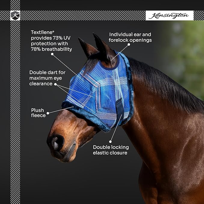 Kensington UV Fly Mask with Fleece Trim - Protective Mask with Dual Ear Opening & Forelock Freedom - XLarge, Deluxe Black