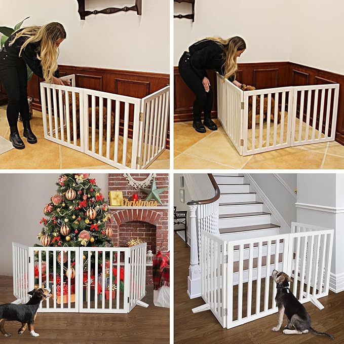 ZJSF Freestanding Indoor Dog Gate for House Foldable Wood White Puppy Gate for Doorways Pet Gate for Stairs Extra Wide Pet Fence 24" Height 2 Panels