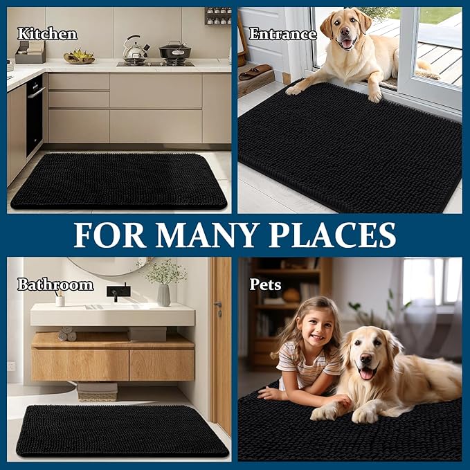 OLANLY Dog Door Mat for Muddy Paws 54x32, Absorbs Moisture and Dirt, Absorbent Non-Slip Washable Doormat, Quick Dry Chenille Mud Mat for Dogs, Entry Indoor Entryway Carpet for Inside Floor, Black