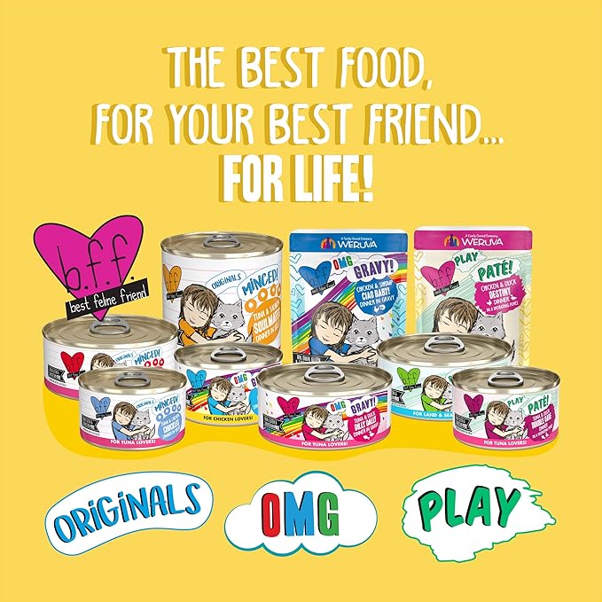 Weruva B.F.F. Play - Best Feline Friend Paté Lovers, Aw Yeah!, Chicken & Turkey Topsy Turvy with Chicken & Turkey, 2.8oz Can (Pack of 12)