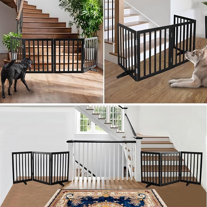 ZJSF Freestanding Indoor Dog Gate for House Foldable Wood Puppy Gate for Doorways Pet Gate for Stairs Extra Wide Pet Fence, Black, 32" Height 6 Panels
