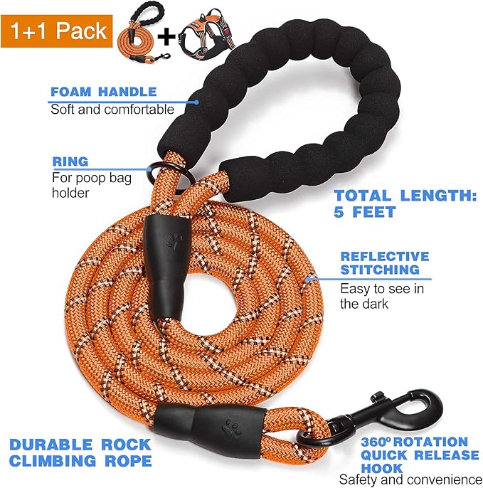 No Pull Dog Harness Adjustable Reflective Oxford Easy Control Medium Large Dog Harness with A Free Heavy Duty 5ft Dog Leash (M (Chest: 22"-26"), Orange Harness+Leash)