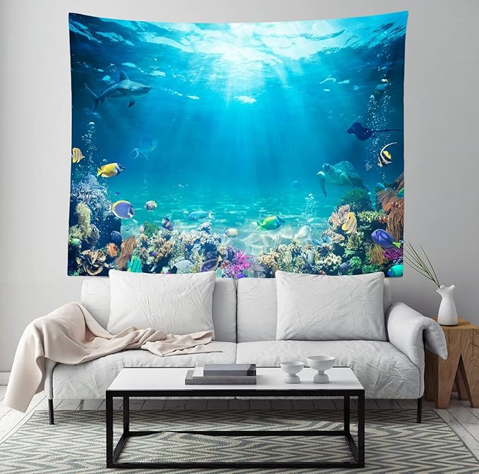Loccor Underwater World Tapestry Blue Ocean Wall Hanging Under the Sea Coral Reef Wall Tapestry 80X60 Inches Tropical Fish Tank Undersea Tapestries Marine Wall Art for Bedroom Living Room Dorm Decor