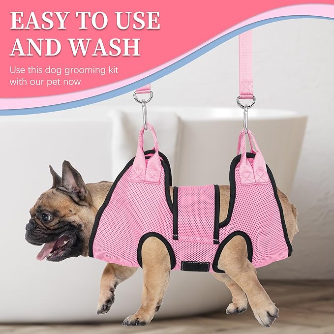 PatiencET Dog Grooming Hammock, Pet Grooming Hammock for Cats & Dogs with Security Strap, Dog Sling for Nail Trimming with Nail Clippers/Trimmer, Nail File, Pet Comb(Pink S)
