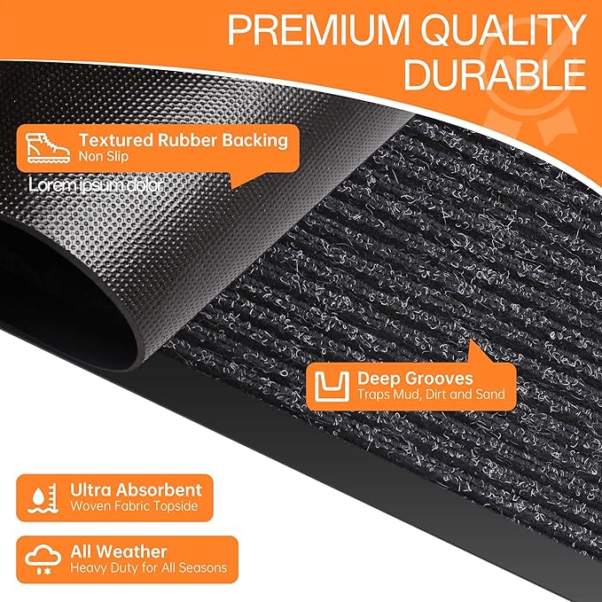 Indoor Outdoor Door Mat, 8' x 4' Doormat for Entryway, Rubber Backing Non Slip Front Door Mat Outside Entrance, Super Absorbent Commercial Floor Mat for Home Office, Black