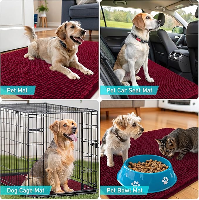 OLANLY Dog Door Mat for Muddy Paws 48x30, Absorbs Moisture and Dirt, Absorbent Non-Slip Washable Doormat, Quick Dry Chenille Mud Mat for Dogs, Entry Indoor Entryway Carpet for Inside Floor, Burgundy
