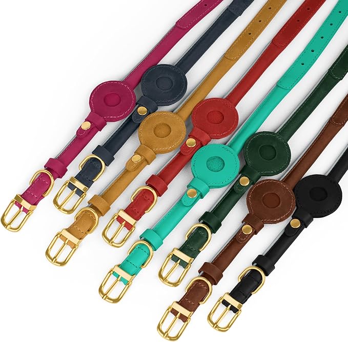 OOPSDOGGY Rolled Leather Dog Collar with Airtag Holder - Reflective Round Airtag Dog Collar - Soft Tracking Pet Collar for Small Dogs Puppy Cats Kitten (Camel, XXS, 7"-9")