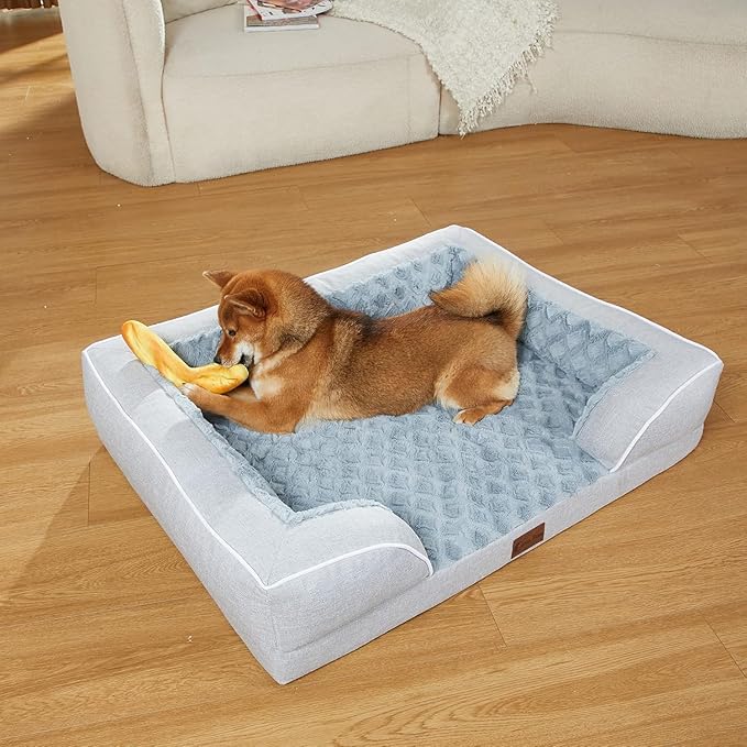 Orthopedic XL Dog Beds for Extra Large Dogs, Waterproof Memory Foam Dog Beds with Sides, Non-Slip Bottom and Egg-Crate Foam Big Dogs Couch with Removable Washable Cover(X-Large,Light Grey)