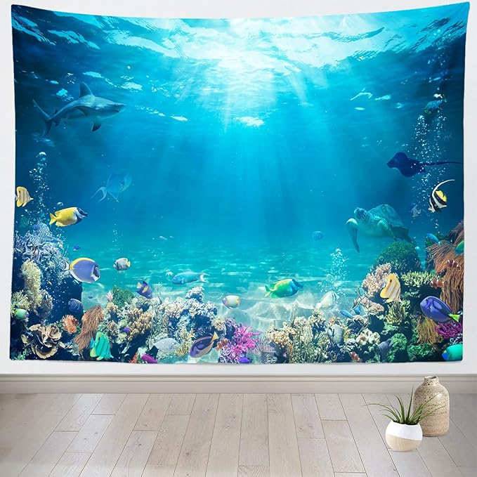 Loccor Underwater World Tapestry Blue Ocean Wall Hanging Under the Sea Coral Reef Wall Tapestry 80X60 Inches Tropical Fish Tank Undersea Tapestries Marine Wall Art for Bedroom Living Room Dorm Decor