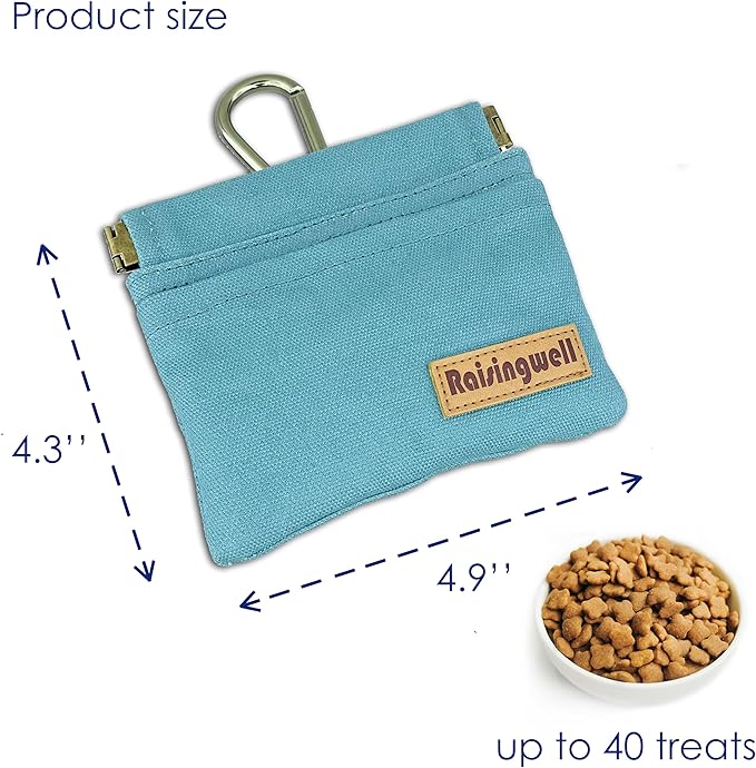 Dog Treat Pouch, Green Pocket Sized Pet Training Pouch, Cotton Fabric, Hand Free Dog Walking Bag with Carabiner, Self-Closing Pet Feed Snack Reward, for Puppy Travel or Outdoor Use