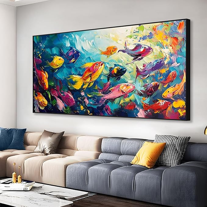 School of Fish Printed Canvas Wall Art – Framed Abstract Ocean Print – Vibrant Fish Wall Decor for Living Room, Bedroom, Office (Gold Framed, 47"x23"|120x60cm)