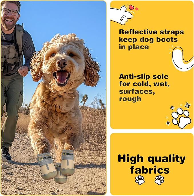 Hcpet Dog Shoes for Large Dogs, Waterproof Dog Booties for Small Medium Dogs, Anti-Slip Dog Boots & Paw Protectors for Hot Pavement Winter Snow Hiking with Reflective Straps Khaki Size 2