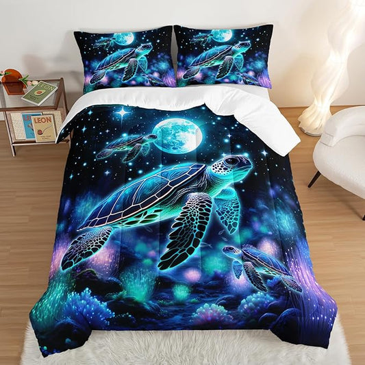 Sea Turtle Comforter Kids Bedding Set Queen Size,Glowing Waterweed Moon Flash Print Comforter Set for Kids Teens Boys Girls Room Decor,Nautical Reptile Animal Bedding Set with 2 Pillowcases.