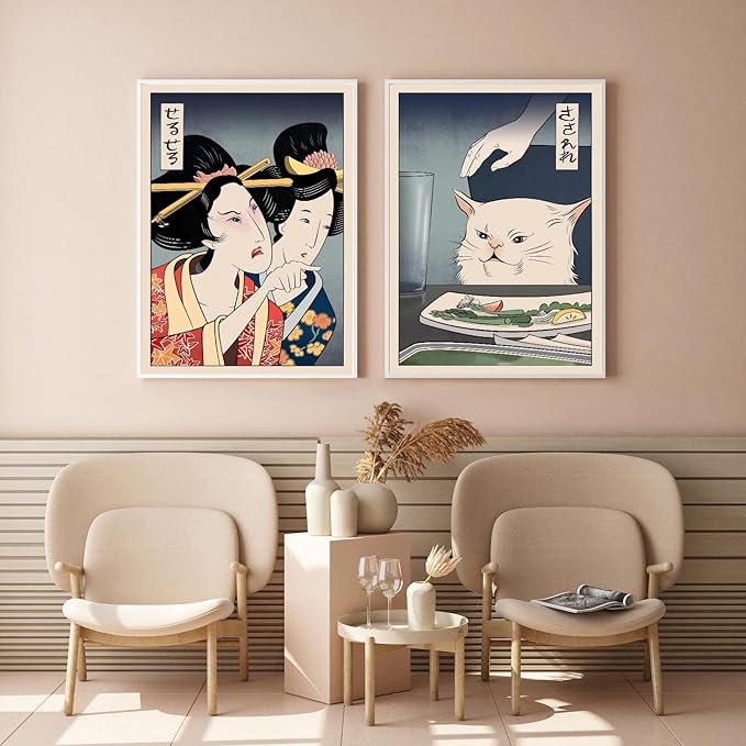 2 Funny Cute Canvas Paintings Japanese Woman Yelling at Cat Eat Food Poster Print Vintage Wall Art Meme Pictures Dining Room Kitchen Hallway Unframed 12x16 inches…