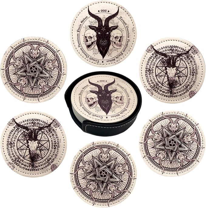Satan Goat Skull Coasters for Drinks with Holder Leather Coasters Set of 6 for Coffee Table
