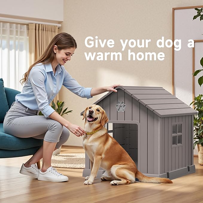 Vixzen 32in Large Outdoor Dog House,Durable Water Resistant Resin Dog House,Doghouse for Small to Large Dogs Indoor or Outside,with Air Vent and Elevated Floor,Gray