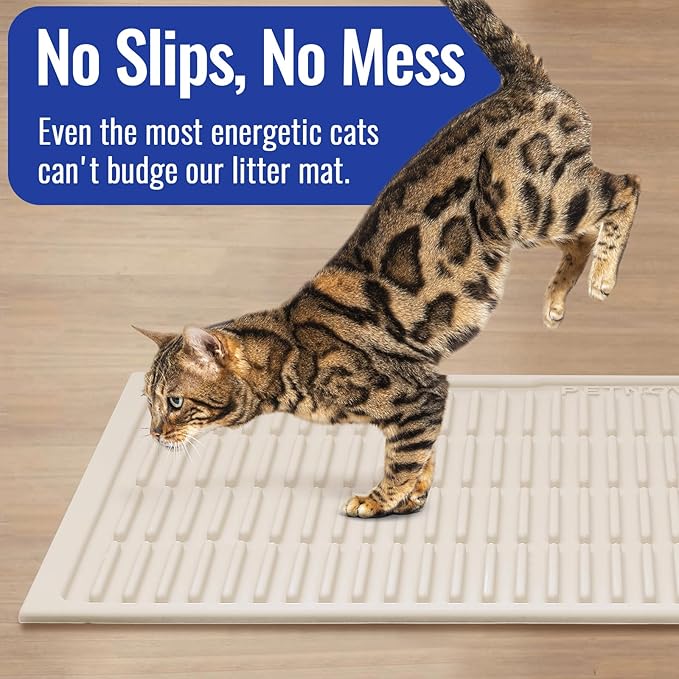 Rubber Litter Box Mat: Easy Clean Cat Litter Trapping Mat - Ivory White Kitty Litter Catcher Mat for Indoor Cats - Cute Litter Tracking Mat Beige (24” x 15”)