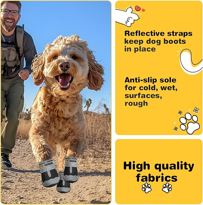 Hcpet Dog Shoes for Large Dogs, Waterproof Dog Booties for Small Medium Dogs, Anti-Slip Dog Boots & Paw Protectors for Hot Pavement Winter Snow Hiking with Reflective Straps Black Size 2