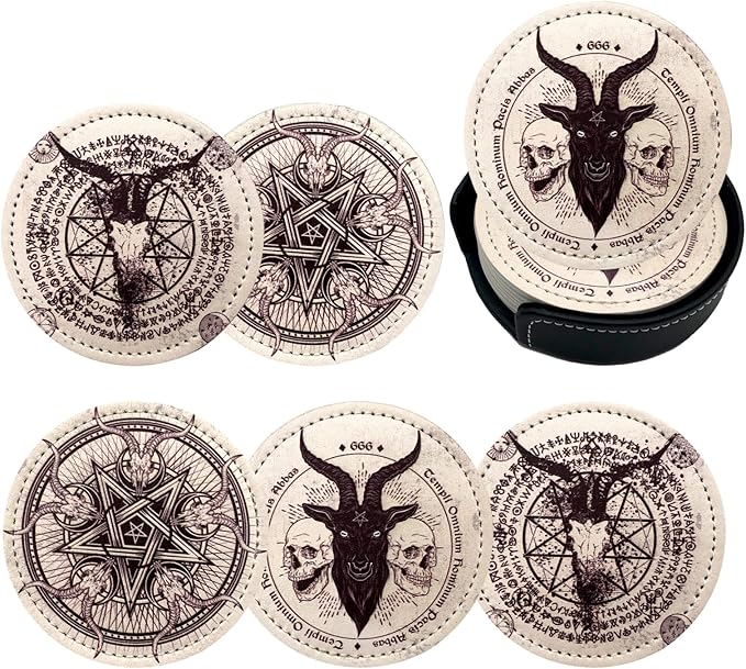 Satan Goat Skull Coasters for Drinks with Holder Leather Coasters Set of 6 for Coffee Table