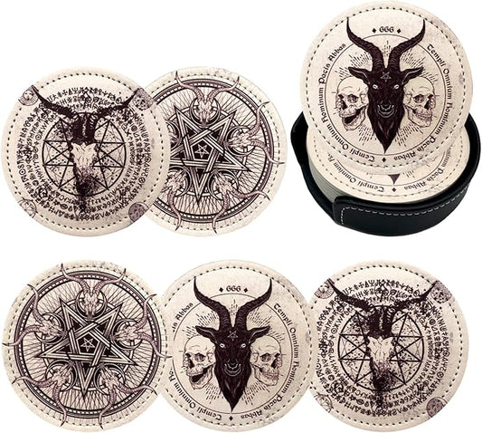 Satan Goat Skull Coasters for Drinks with Holder Leather Coasters Set of 6 for Coffee Table