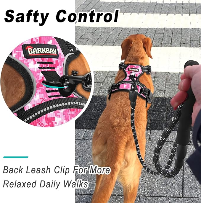 BARKBAY No Pull Dog Harness Large Step in Reflective Dog Harness with Front Clip and Easy Control Handle for Walking Training Running(Pink camo,XL)