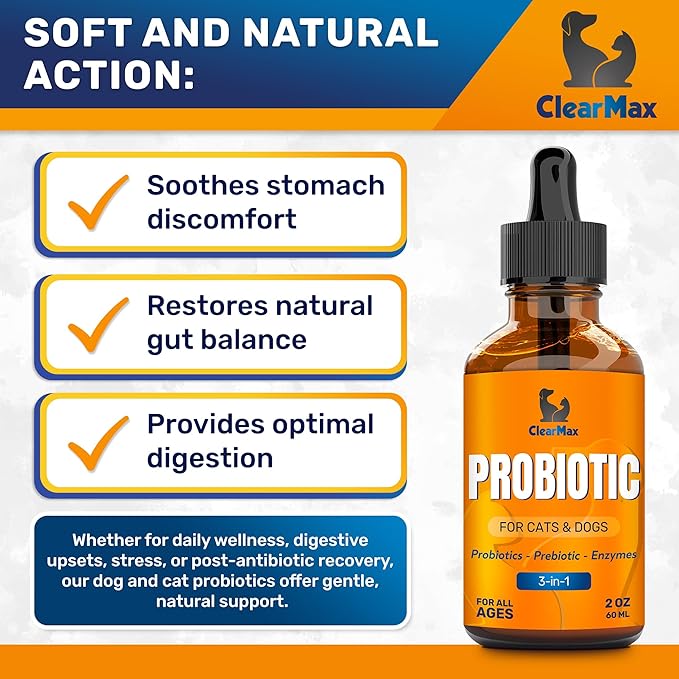 Liquid Probiotics for Dogs and Cats – 6 Billion CFU Pet Digestive Support – Dog Probiotics with Enzymes – Cat Probiotic Supplement – 2-oz Bottle