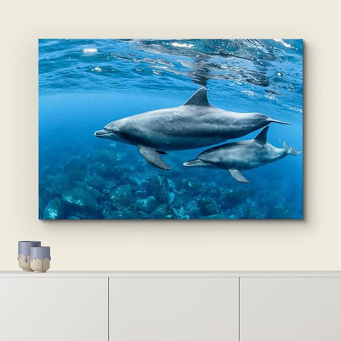 wall26 Canvas Print Wall Art Tropical Ocean Sea Underwater Dolphin Duo Nature Animals Photography Realism Rustic Scenic Landscape Wilderness Earth Colorful for Living Room, Bedroom, Office - 12"x18"