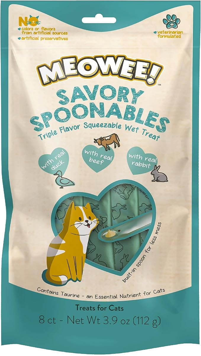 Savory Spoonables with Real Duck, Beef & Rabbit, 8 Count Tube, Triple Flavor Squeezable Lickable Wet Treats for Cats with Built-in Spoon for Less Mess