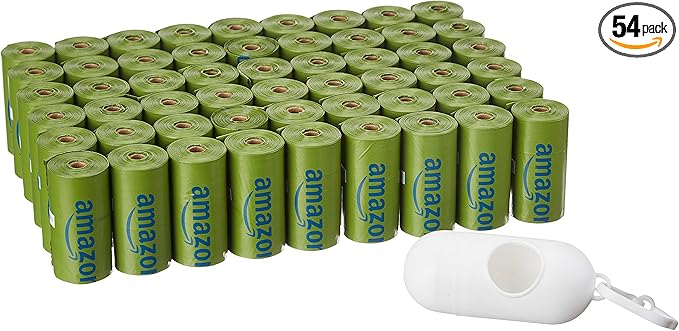 Amazon Basics Dog Poop Bags with Dispenser, 810 Count, Enhanced for Guaranteed Leakproof, Talcum Powder Scented, Includes Leash Clip