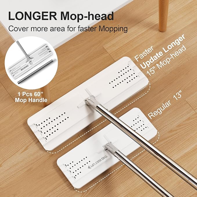 JOYMOOP Mop and Bucket with Wringer Set, Flat Squeeze Mop with Bucket (X-Large), Dust Mop for Wall Cleaner with Long Handle, Microfiber Mop - White Bucket with 5 Reusable 15" Pads