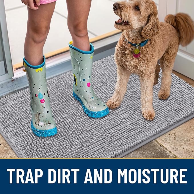 Smiry Dog Door Mat for Muddy Paws 36x24, Absorbs Moisture and Dirt Doormat, Non-Slip Washable Quick Dry Chenille Front Door Mat Indoor Entrance, Entryway Carpet for Inside Floor, Light Grey