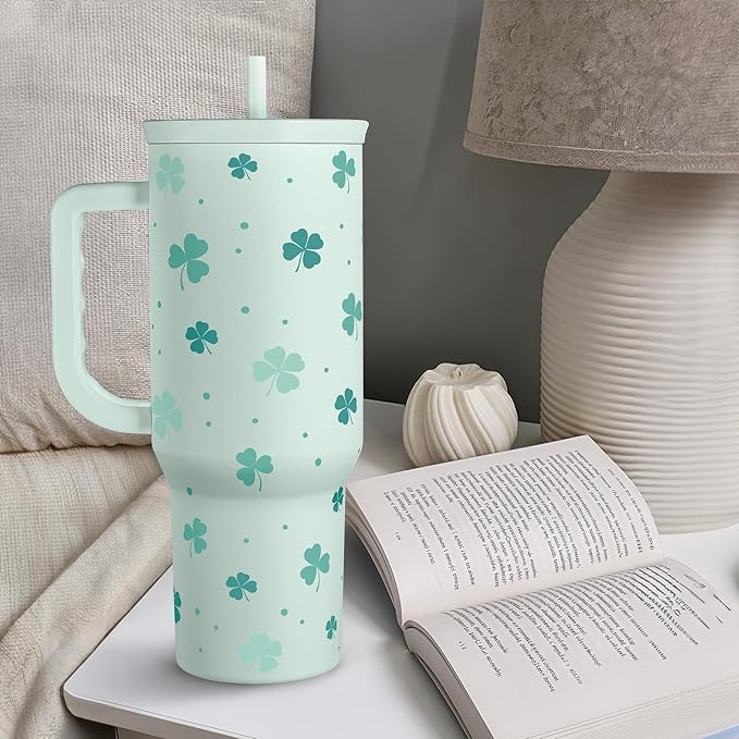 SANDJEST 40oz Shamrock Tumbler with Handle and Straw - Insulated Stainless Steel Coffee Travel Mug, Christmas St. Patrick's Day Irish Gifts
