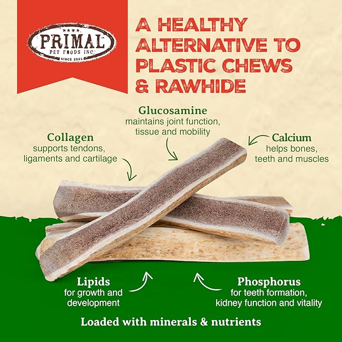 Primal Antlers for Dogs, Grade A Split Elk Antlers for Large Canines 45-60 lb, Natural Chews for Aggressive Chewers, Naturally Shed, Long Lasting Dog Bones, 1 ct