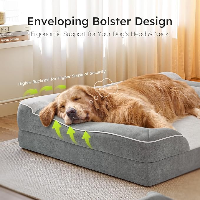 Extra Large Dog Bed, Orthopedic Dog Bed with Cooling Gel Memory Foam, Waterproof XL Pet Bed with Removable Washable Cover, 42" Pet Sofa Couch Dutch Velvet with Bone Toy, Light Gray