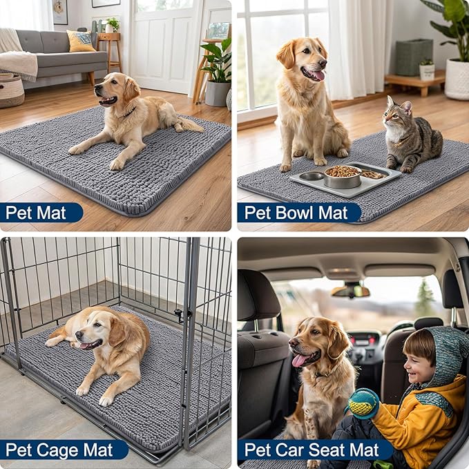 Smiry Dog Door Mat for Muddy Paws 45x27, Absorbs Moisture and Dirt Doormat, Non-Slip Washable Quick Dry Chenille Front Door Mat Indoor Entrance, Entryway Carpet for Inside Floor, Grey