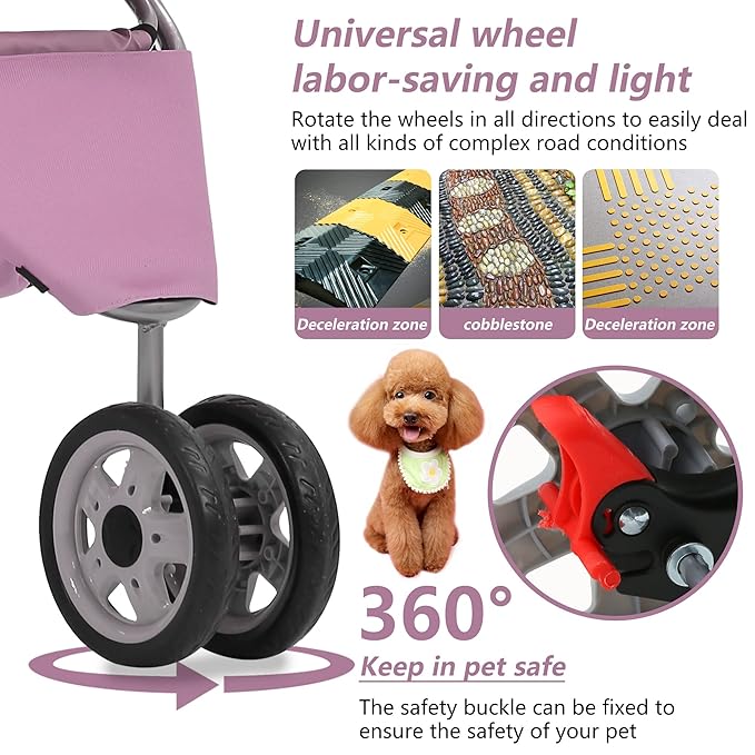 Dog Stroller,3 Wheels Travel Folding Pet Stroller for Small Medium Dog Cat Jogger Stroller with Storage Basket Removable Liner Pink