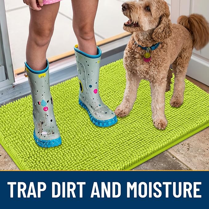Smiry Dog Door Mat for Muddy Paws 36x24, Absorbs Moisture and Dirt Doormat, Non-Slip Washable Quick Dry Chenille Front Door Mat Indoor Entrance, Entryway Carpet for Inside Floor, Bright Green