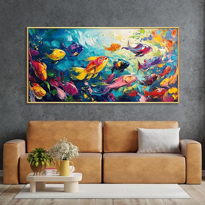 School of Fish Printed Canvas Wall Art – Framed Abstract Ocean Print – Vibrant Fish Wall Decor for Living Room, Bedroom, Office (Gold Framed, 31"x15"|80x40cm)