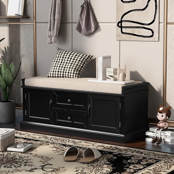 Storage Bench with 2 Drawers and 2 Cabinets, Pine Wood Shoe Bench with Removable Cushion for Living Room, Entryway 42.5" L x 15.9" W x 17.5" H (Black)