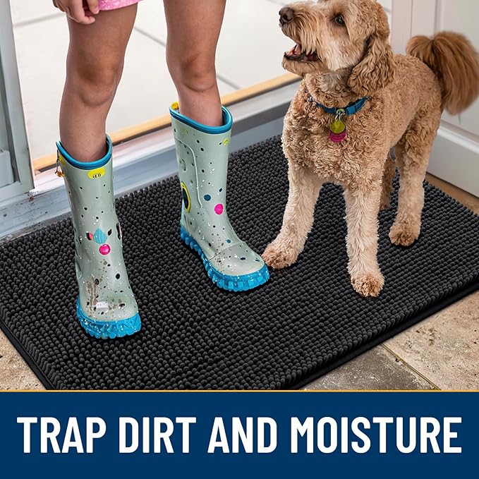 Smiry Dog Door Mat for Muddy Paws 36x24, Absorbs Moisture and Dirt Doormat, Non-Slip Washable Quick Dry Chenille Front Door Mat Indoor Entrance, Entryway Carpet for Inside Floor, Black