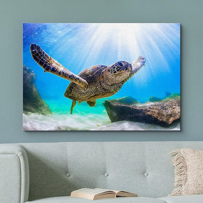 wall26 Canvas Print Wall Art Sunlight Ray Tropical Turtle Swimming Ocean Nature Animals Photography Realism Rustic Scenic Landscape Wilderness Colorful for Living Room, Bedroom, Office - 24"x36"