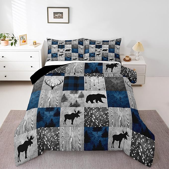 Rustic Bear Bedding Set King Size,Farmhouse Moose Elk Deer Comforter Sets Cabin Lodge Decor,Hunting Animal Quilt Set,Blue Grey Buffalo Plaid Check Patchwork Down Comforter with 2 Pillowcases