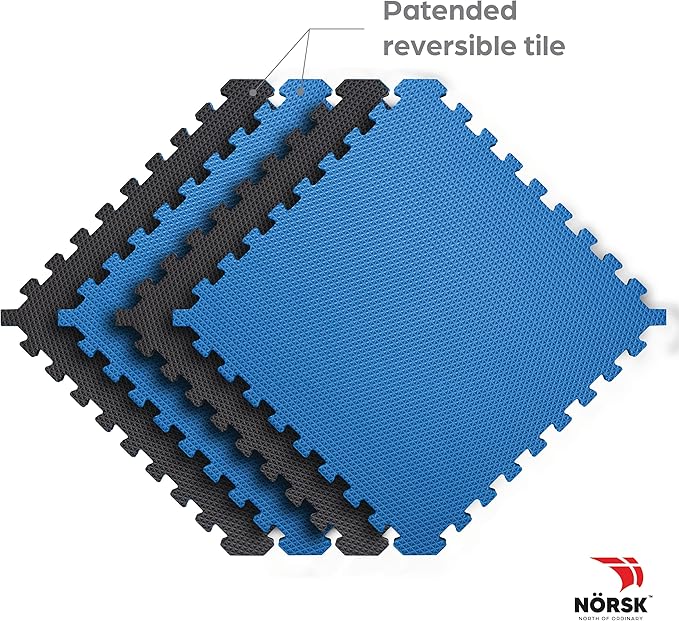 Norsk Reversible Gym Exercise Mats 3/4" Thick EVA Interlocking Foam Tiles, Perfect Home Gym Flooring, 36 Tiles & 72 Trim Pieces, 144 Sq. Ft. Reversible, Dazzling Blue/Black