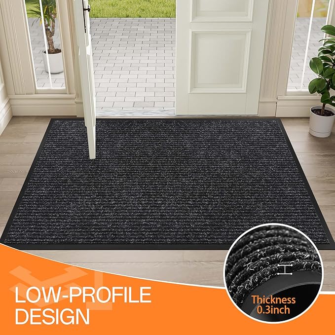 Indoor Outdoor Door Mat, 4' x 2' Doormat for Entryway, Rubber Backing Non Slip Front Door Mat Outside Entrance, Super Absorbent Commercial Floor Mat for Home Office, Black