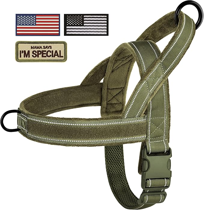 Forestpaw No Pull Dog Harness - Soft Flannel Padded Tactical Dog Vest Harness with Quick Release Buckle, Adjustable Reflective Pet Harness for Large Dogs Walking Training,Green XL