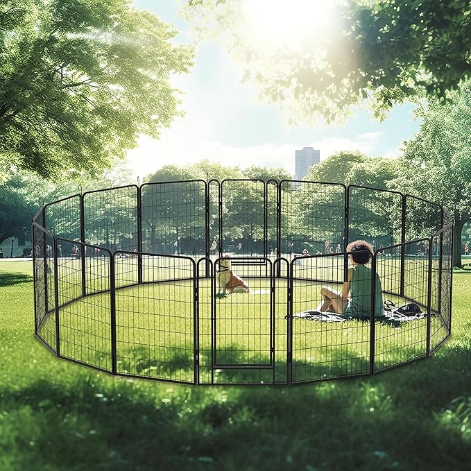 Dog Playpen, Outdoor Dog Fence, 16 Panels, 40" H Dog Pen for Large/Medium/Small Dogs, Heavy Duty Metal Pet Fence with Gate, Portable Dog Fence for RV Camping and Yard (Black)