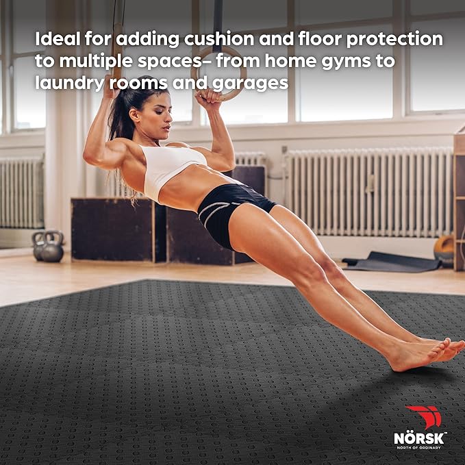 Norsk Foam Floor Gym Mats with Interlocking Tiles, .47" Thick, 24"x24", 18-Pack, 72 Square Feet, Diamond Plate Design, Black